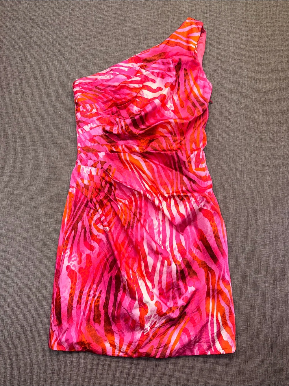 Women’s One-Shoulder Pink & Orange Print Satin Cocktail Dress Size Small